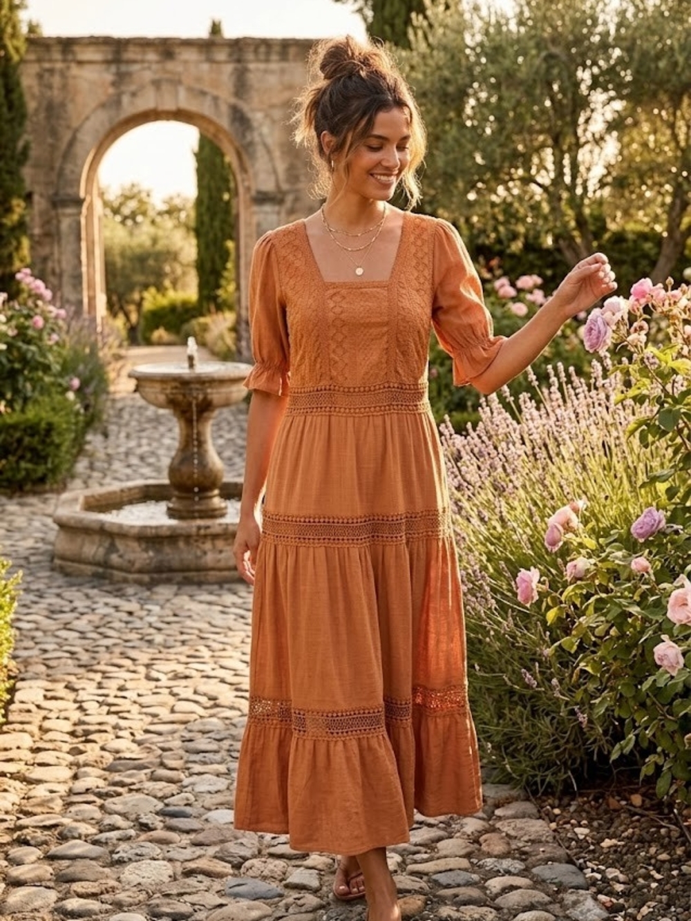 J Gee Square-Neck Tiered Maxi Dress in Rust